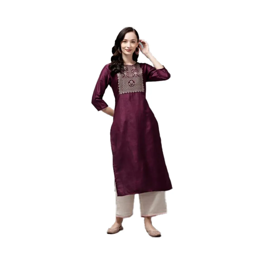 Mujeres Motivos étnicos púrpura y dorado Diseño de yugo Kurta